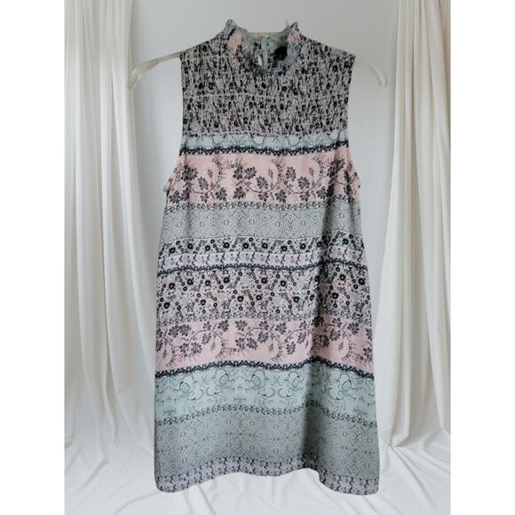 Retro City Triangles Dress Size M Knee Pastel Lined Smocked Empire Top Whimsy - Picture 1 of 10